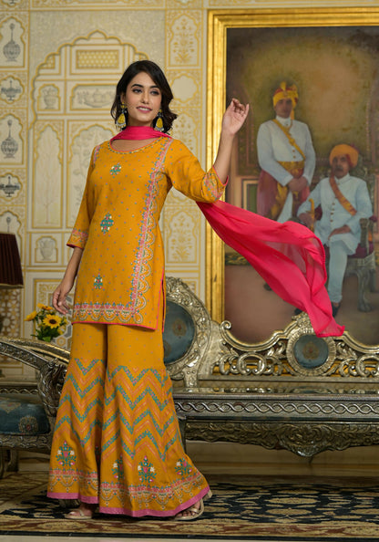 Juniper Women's Mustard Ethnic Motif Printed Liva Rayon Tunic Sharara And Dupatta Set With Sequins & Gota Patti Work