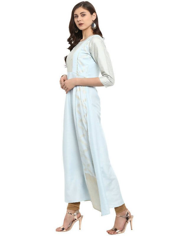 Ahalyaa Women Blue & Silver-Coloured Yoke Design A-Line Kurta