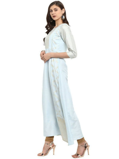 Ahalyaa Women Blue & Silver-Coloured Yoke Design A-Line Kurta