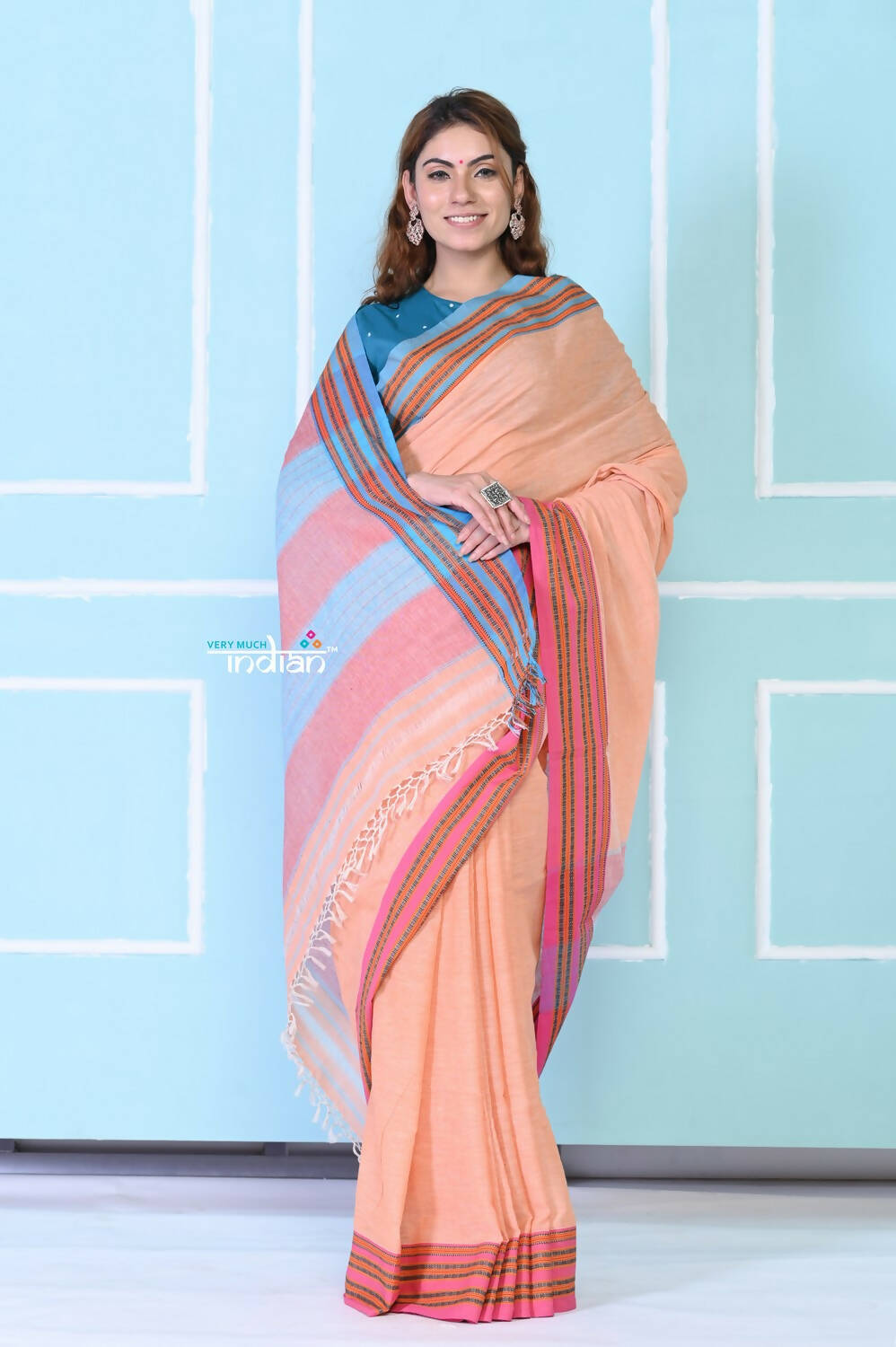 Very Much Indian Traditional Patteda Anchu Ilkal Handloom Saree - Peach Tone