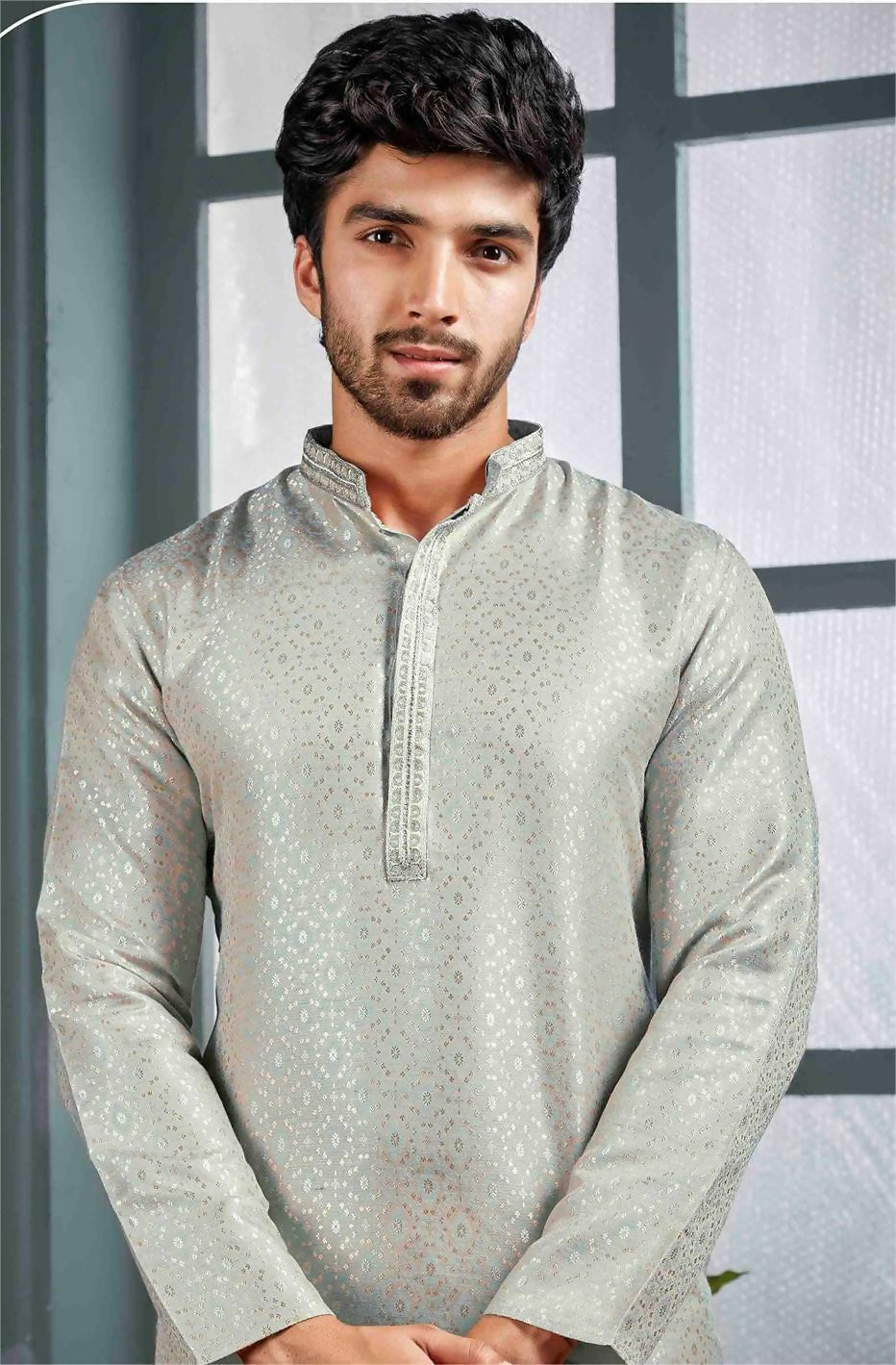 Joban Fashion Men's Grey Poly Jacquard Kurta Pajama