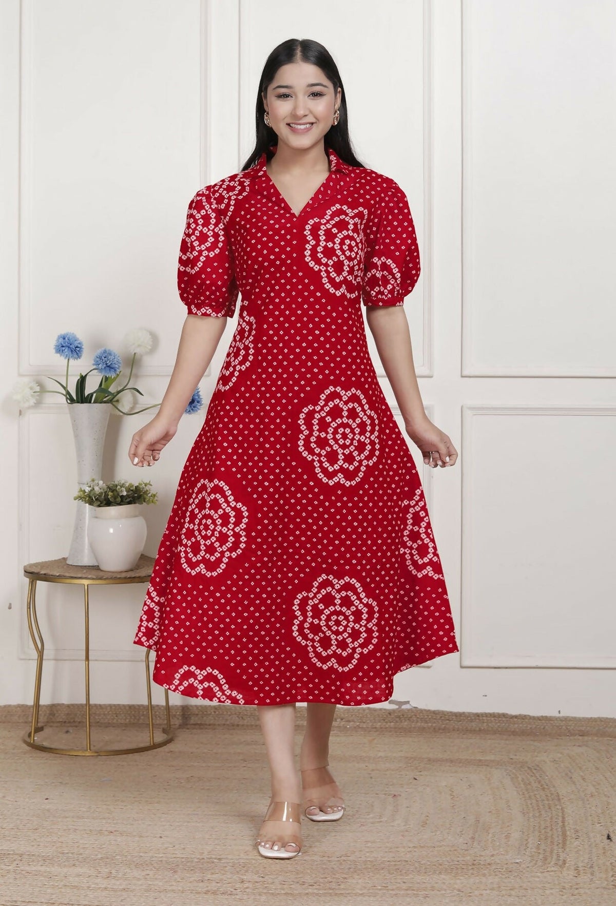 Miravan Womens Red Bandhani Printed Collar Neck Maxi Dress