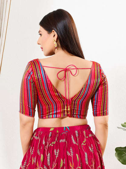 Joban Fashion Pink Multi Brocade Padded Blouse With V Neck Elbow Sleeves