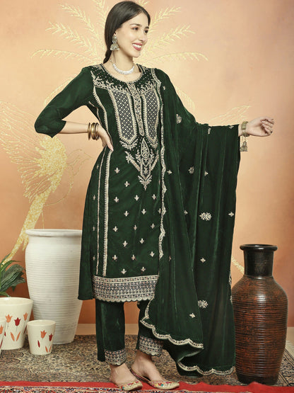 Jyoti Fashion Women's Green Velvet Cording with Resham Thread & Sequin Kurta with Trouser & Dupatta
