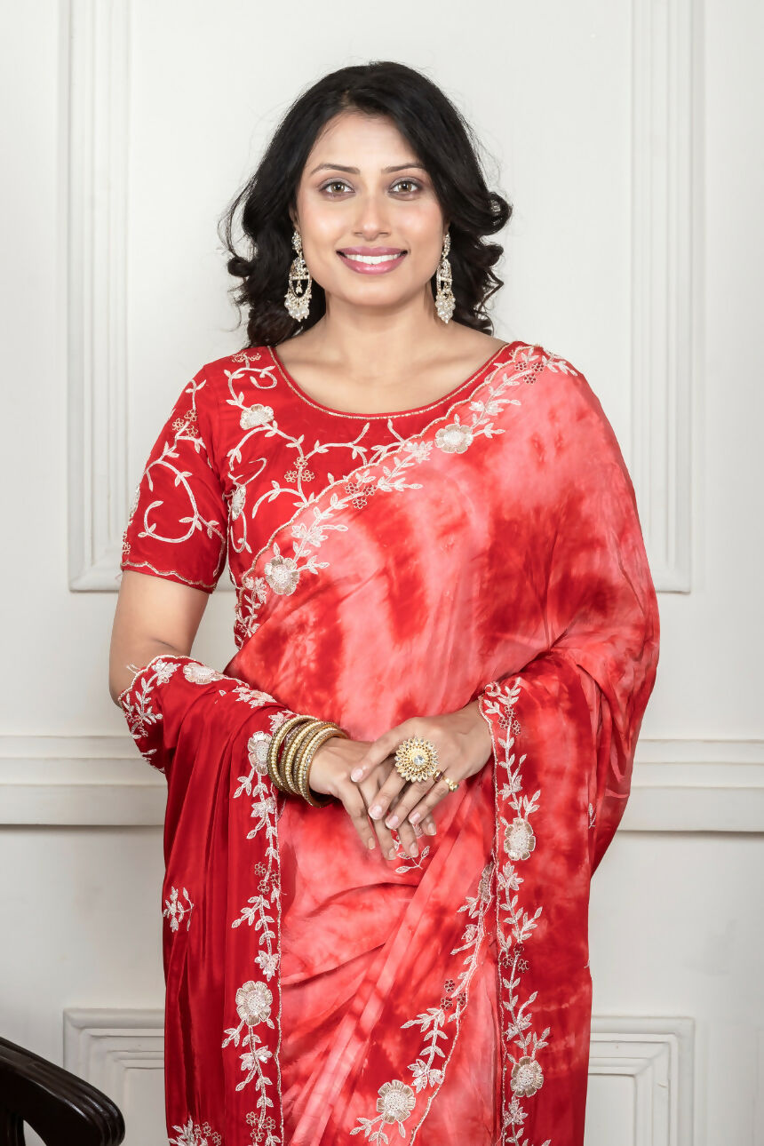 Morchari Red Crepe Hand Embroidery Saree And Stitched Blouse
