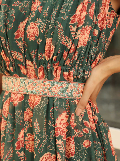 Janasya Green Georgette Floral Kurta & Bottom
