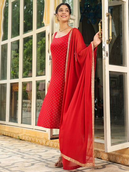 Janasya Maroon Rayon Foil Print Kurta,Bottom & Dupatta