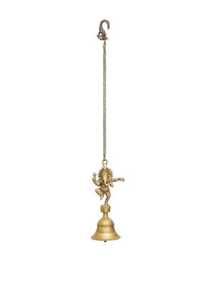 eCraftIndia Golden Brass Dancing Ganesha Idol Wall Hanging Bell With Chain