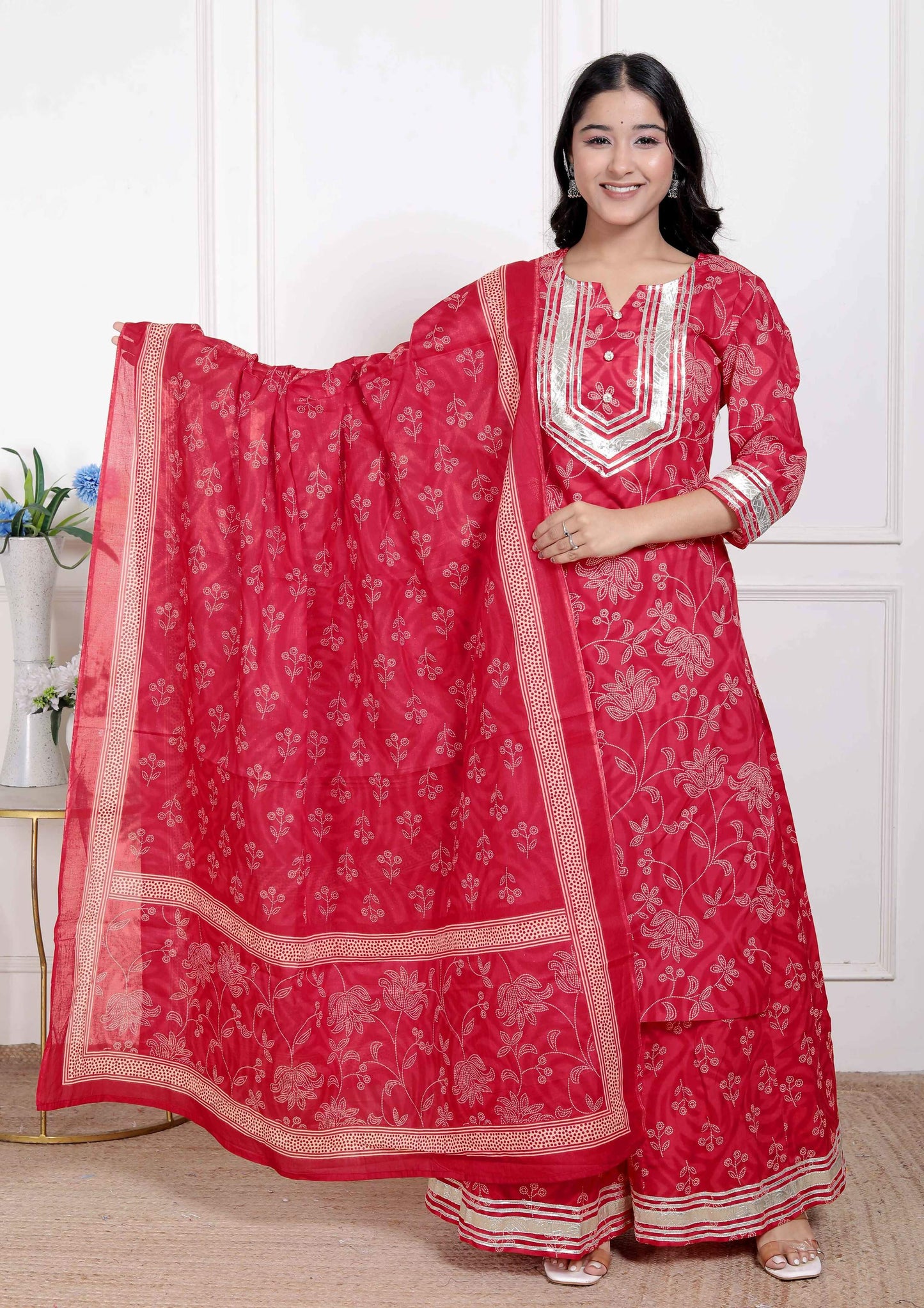 Miravan Red Floral Print Embroidered Cotton Straight Kurta with Palazzo & Dupatta