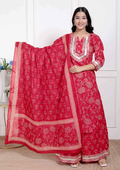 Miravan Red Floral Print Embroidered Cotton Straight Kurta with Palazzo & Dupatta