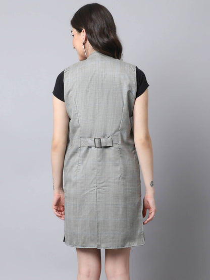 Even Apparels Grey Polywool Open Front Checked Women's Long Coat