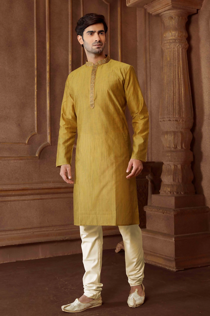Joban Fashion Mehndi Green art Silk Blend Strips kurta Pyjama