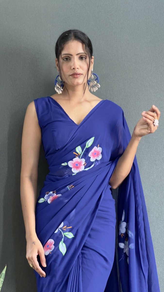 Aayaa Designer 1 min Hand Painted Ready to Wear saree - Navy Blue