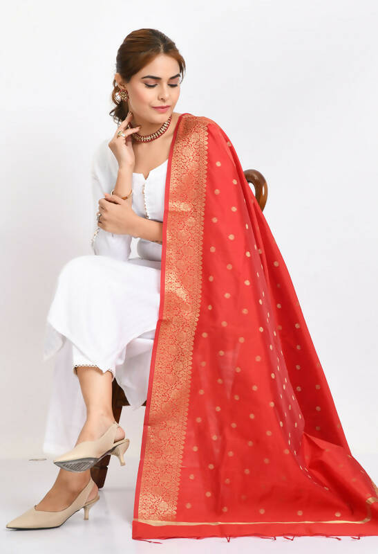 Mominos Fashion Moeza Women's Banarsi Silk Woven Design Red Dupatta