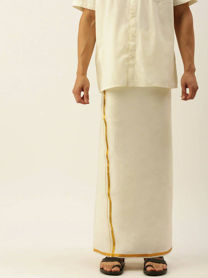 Ramraj Cotton Mens Poly Cotton 1/2 " Gold Jari Dhoti - Cream
