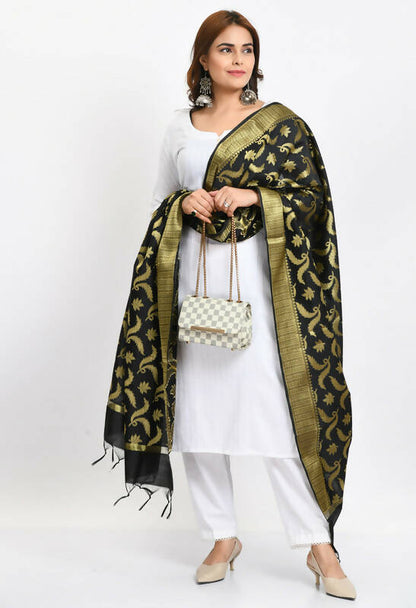 Mominos Fashion Moeza Women's Banarsi Silk Floral Woven Design Black Dupatta