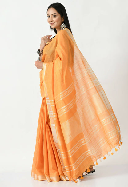 Mominos Fashion Moeza Orange Bhagalpuri Handloom Silk Linen Saree with unstitched Blouse piece