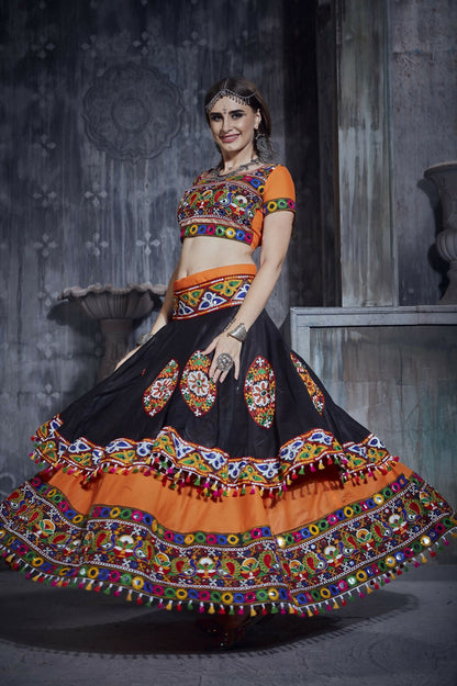 AI Fashion Black-Orange Art Silk Designer Navratri Lehenga Choli Collection