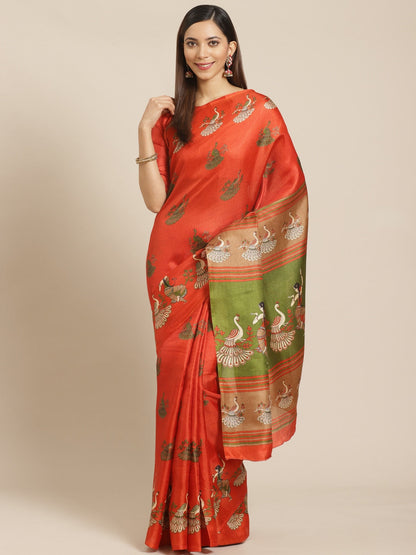 Saree Mall Rust Red & Green Printed Saree