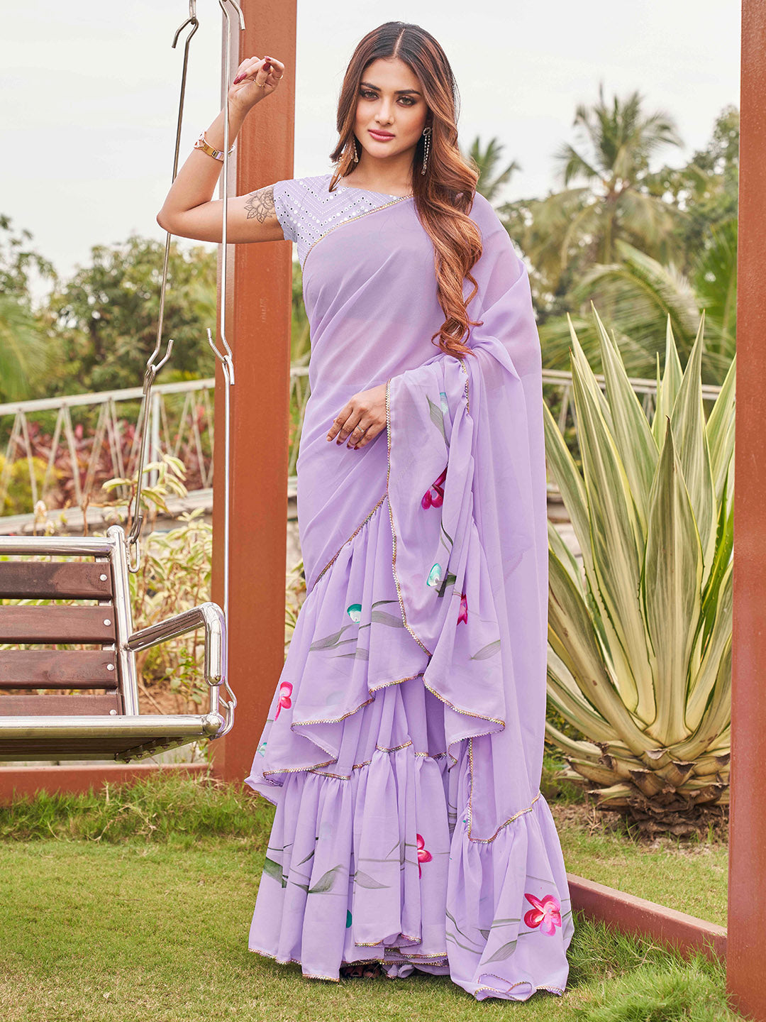Tikhi Imli Printed Ruffle Saree With Mirror Embroidered Work Blouse