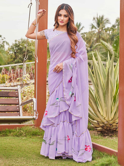 Tikhi Imli Printed Ruffle Saree With Mirror Embroidered Work Blouse