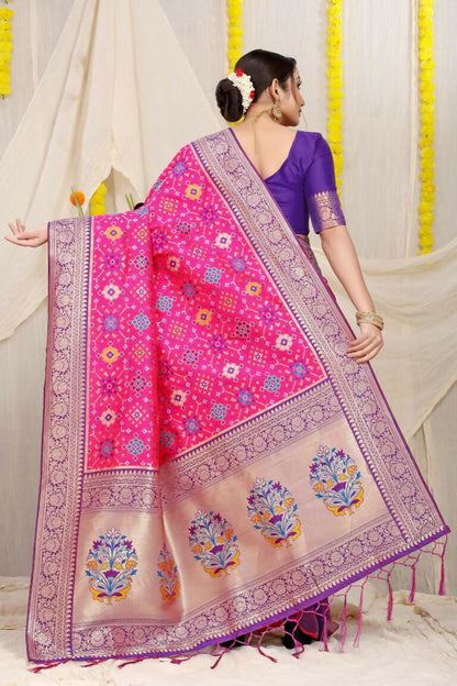 Jyoti Fashion Women's Rani Pink Patola Silk Zari Woven Saree with Blouse