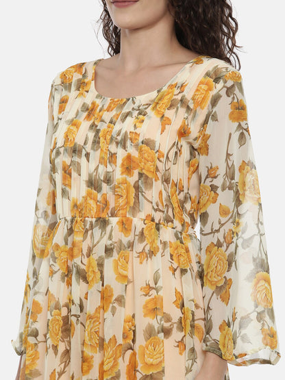 Souchii Cream-Coloured Floral Printed A-Line Dress