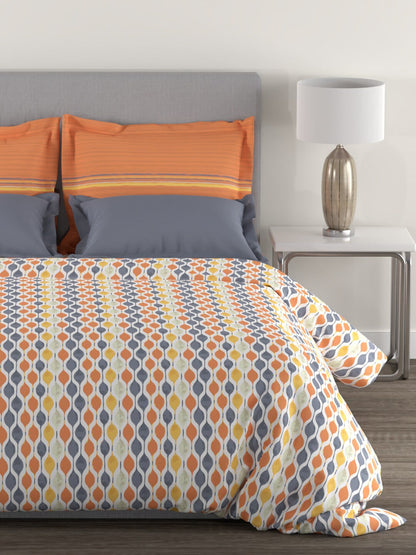 MYTRIDENT Orange White Geometric Cotton 144 TC Queen Bedsheet With 2 Pillow Covers