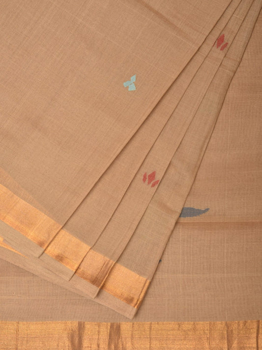 Fawn Khadi Cotton Handloom Saree with Plants Pallu Design - Global Threads