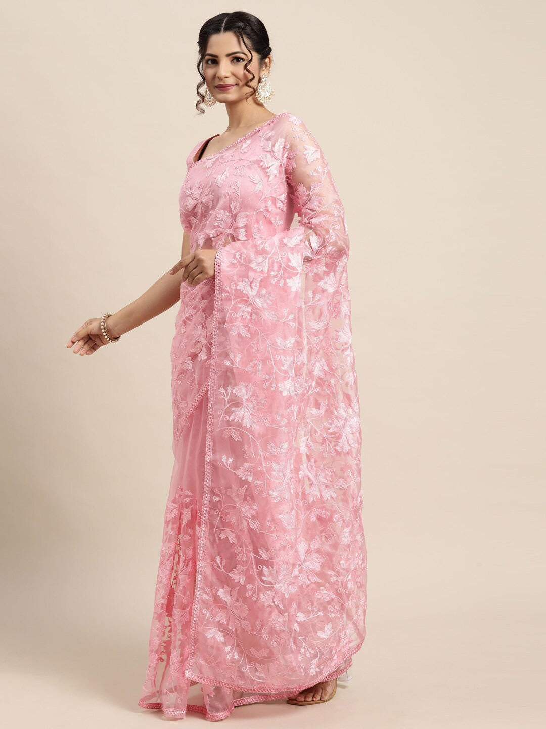 Saree Mall Pink Floral Embroidered Organza Sarees