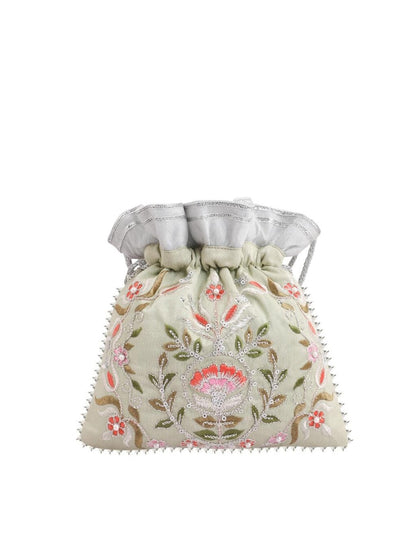 Masq Green & Pink Embellished Embroidered Potli Clutch