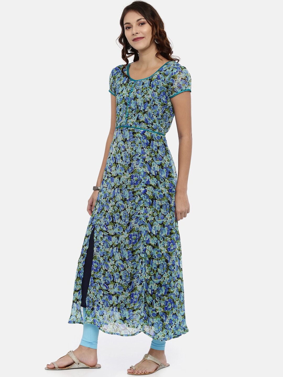 Souchii Blue & Green Printed A-Line Kurta