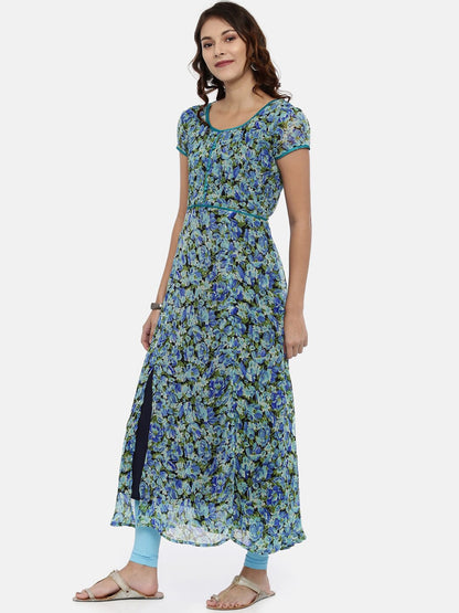 Souchii Blue & Green Printed A-Line Kurta