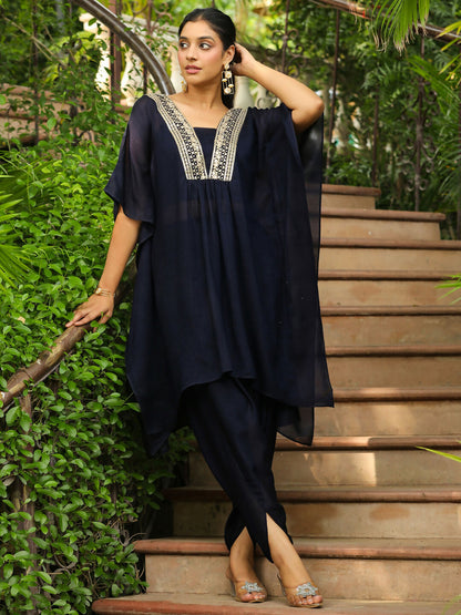 Janasya Navy Blue Silk Blend Yoke Embroidery Co-Ords