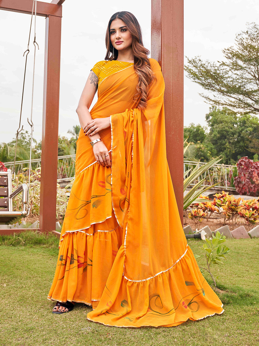 Tikhi Imli Mustard Yellow Gotta Patti Ruffles Saree