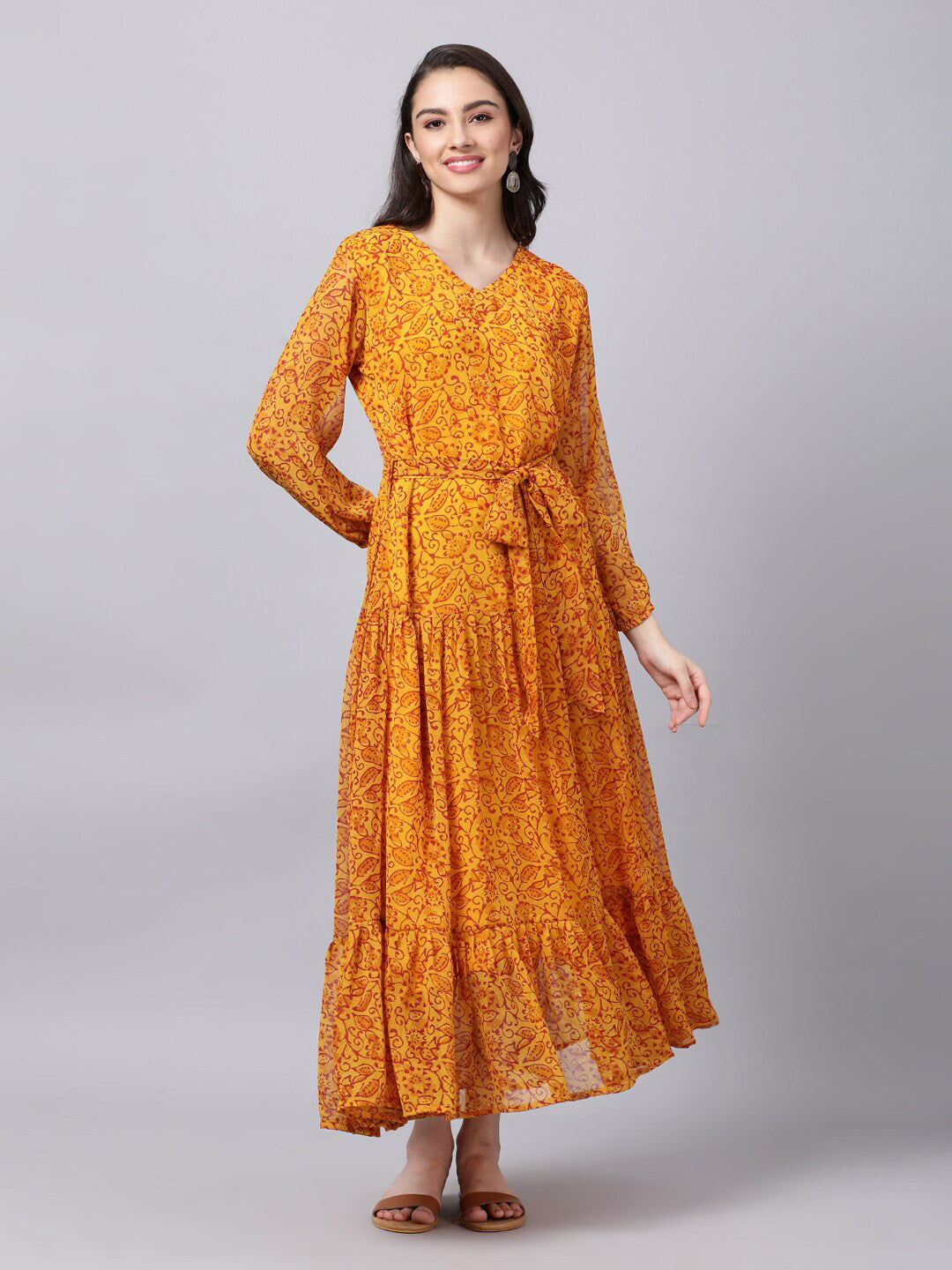 Souchii Yellow Floral Layered Chiffon Maxi Dress