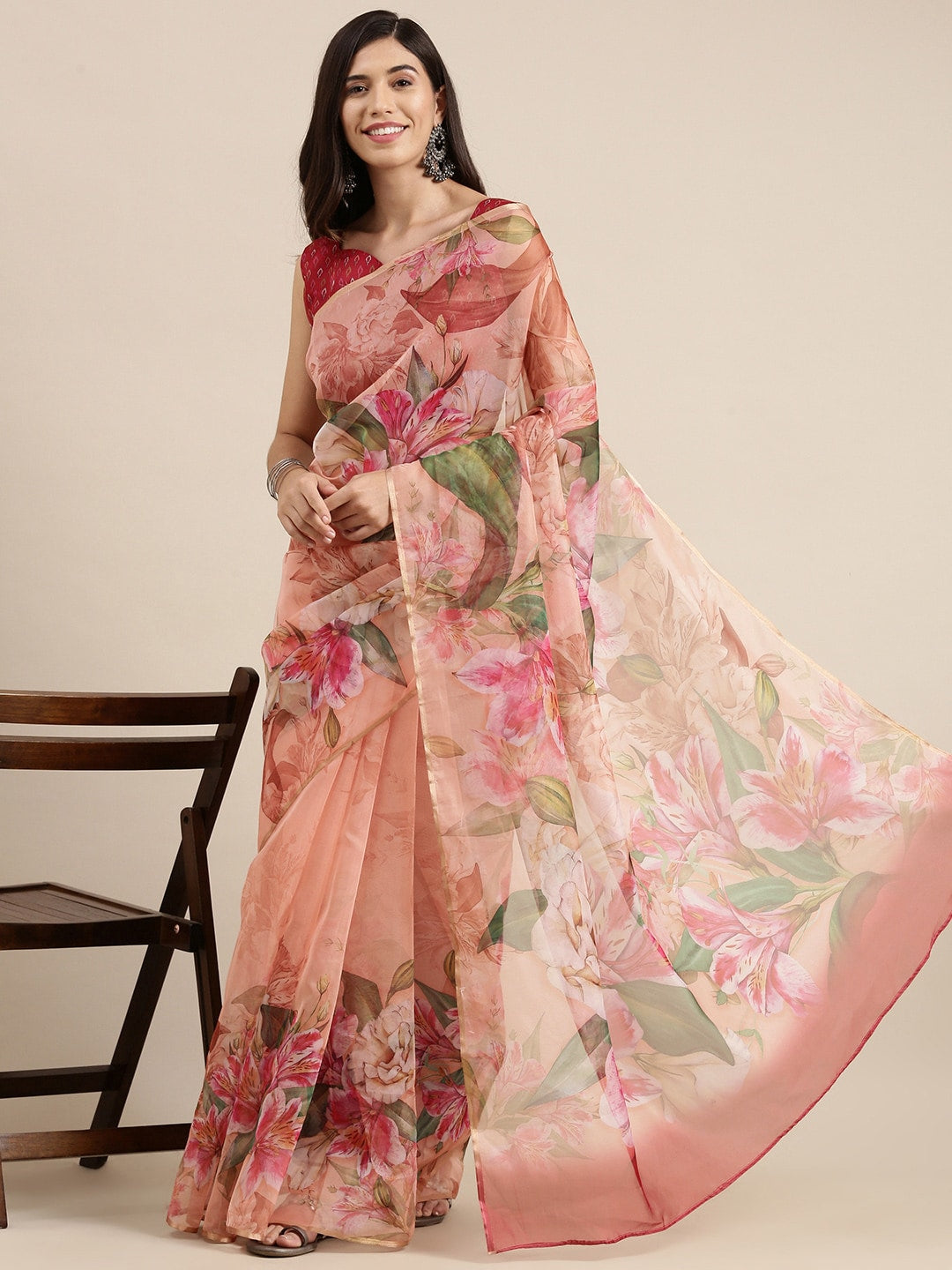 Saree Mall Pink Floral Printed Organza Sarees