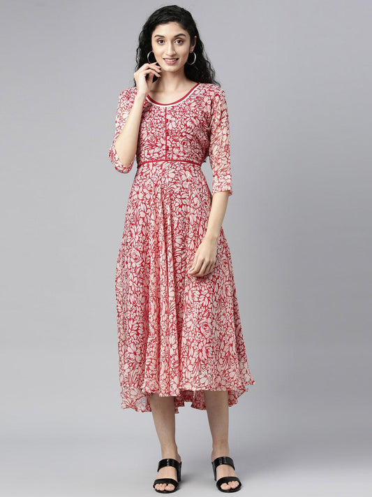 Souchii White & Red Floral Layered Chiffon Beautiful Midi Dress