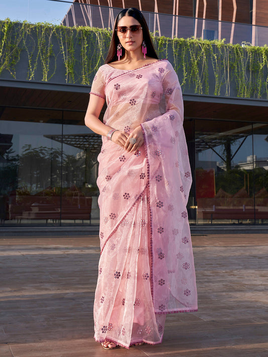 Tikhi Imli Floral Mirror Work Organza Saree