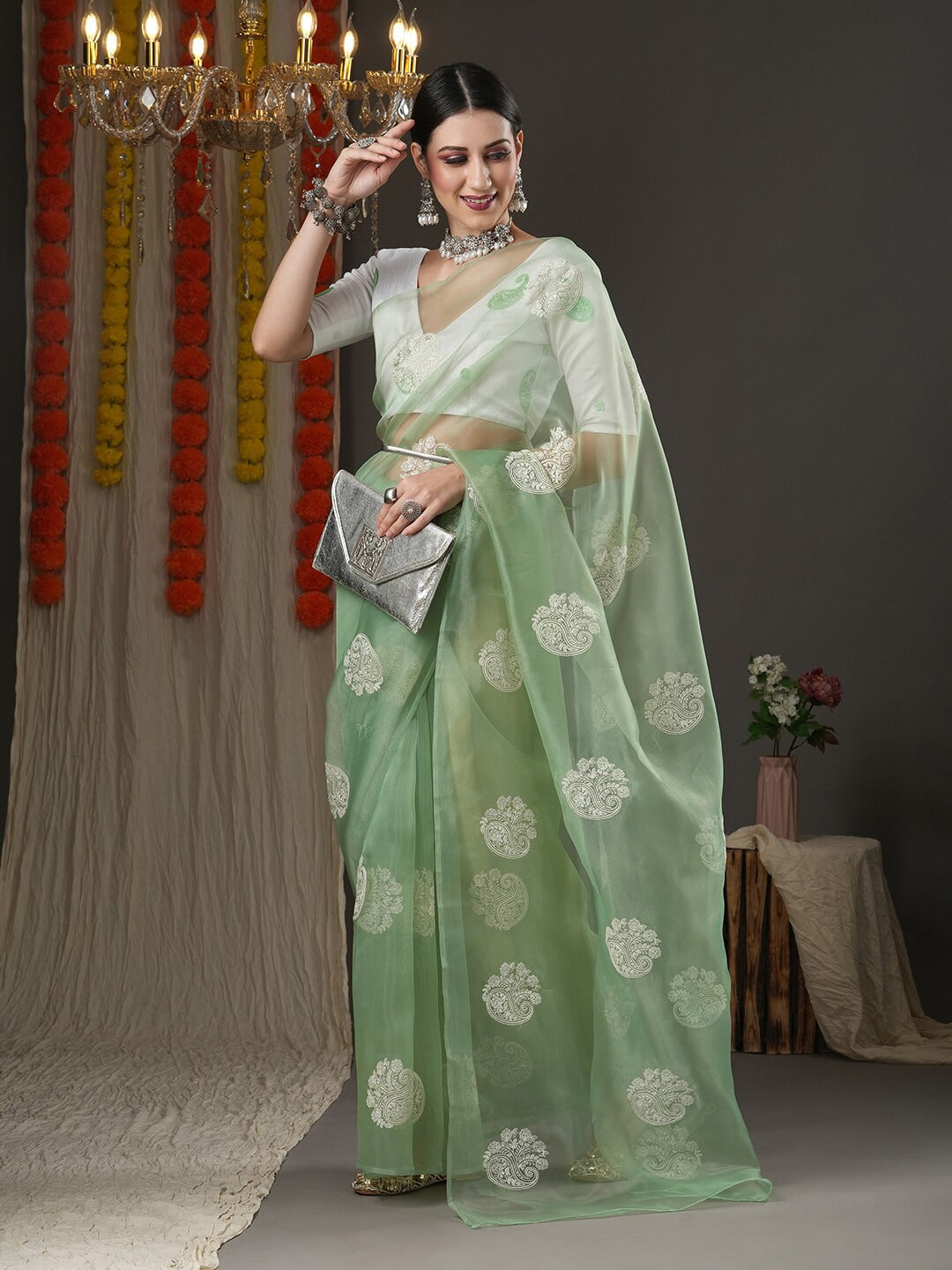Saree Mall Olive Green & White Paisley Embroidered Organza Banarasi Sarees