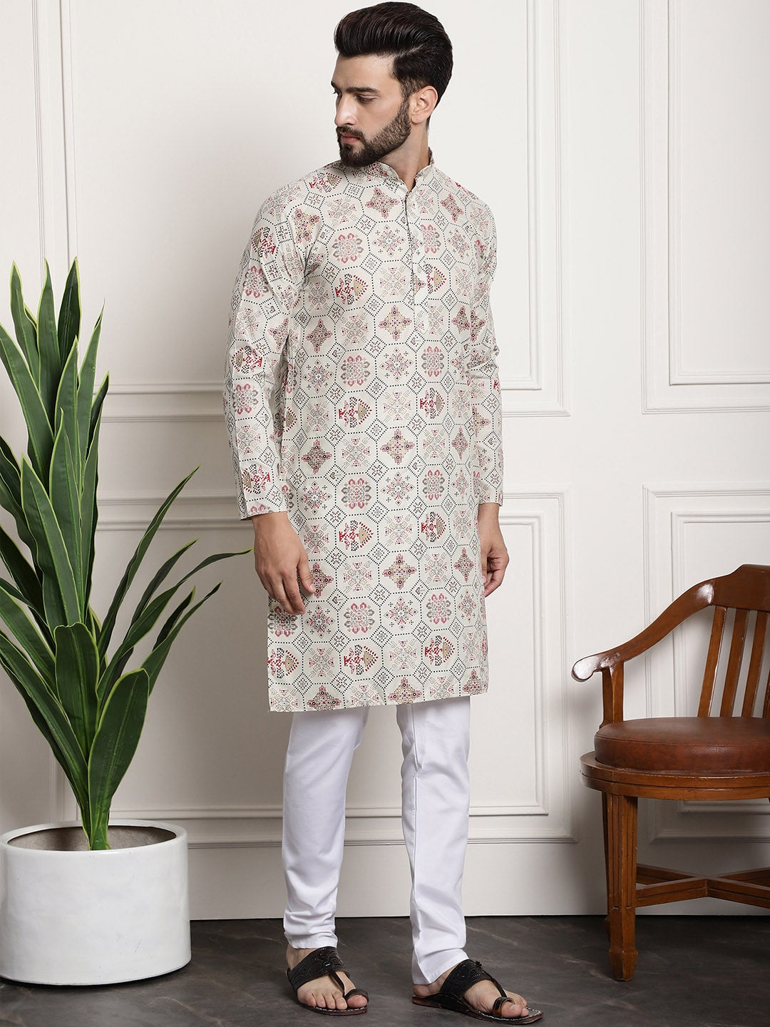Sojanya Men Beige Printed Cotton Linen Kurta with Churidar