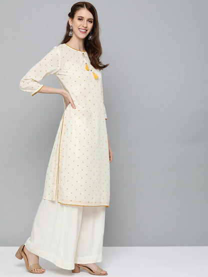 HERE&NOW Women Off-White & Mustard Yellow Geometric Printed Straight Kurta