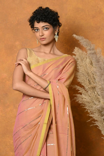 Very Much Indian Designer Mul Cotton Handloom Saree with Sequins - Peach