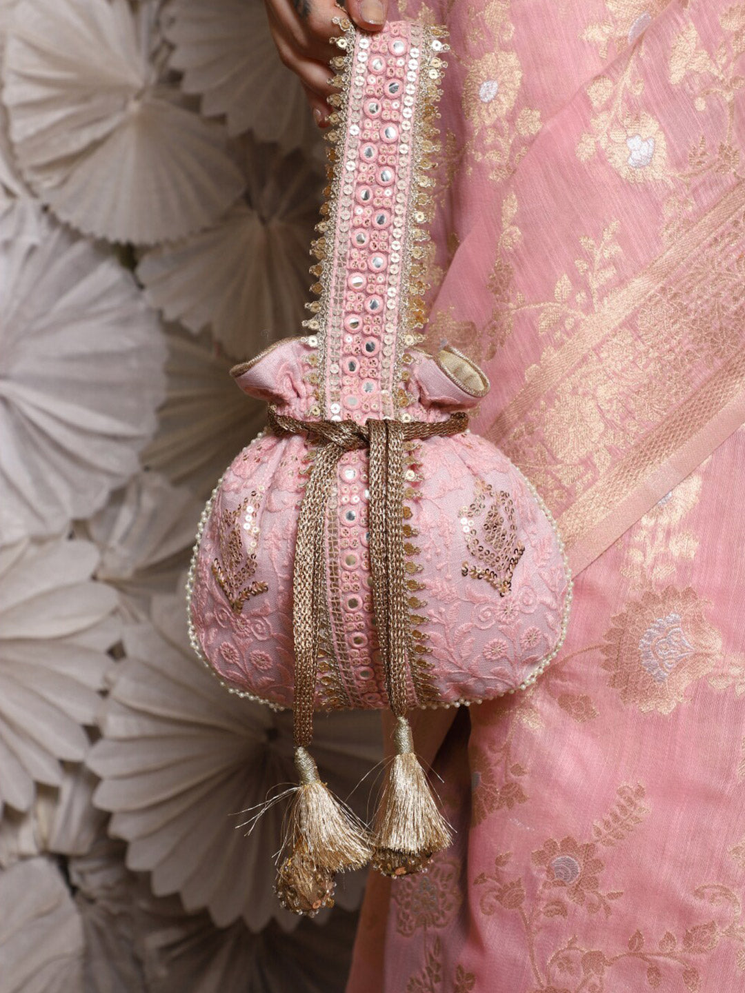 Masq Pink and Gold-Toned Embroidered Potli Clutch