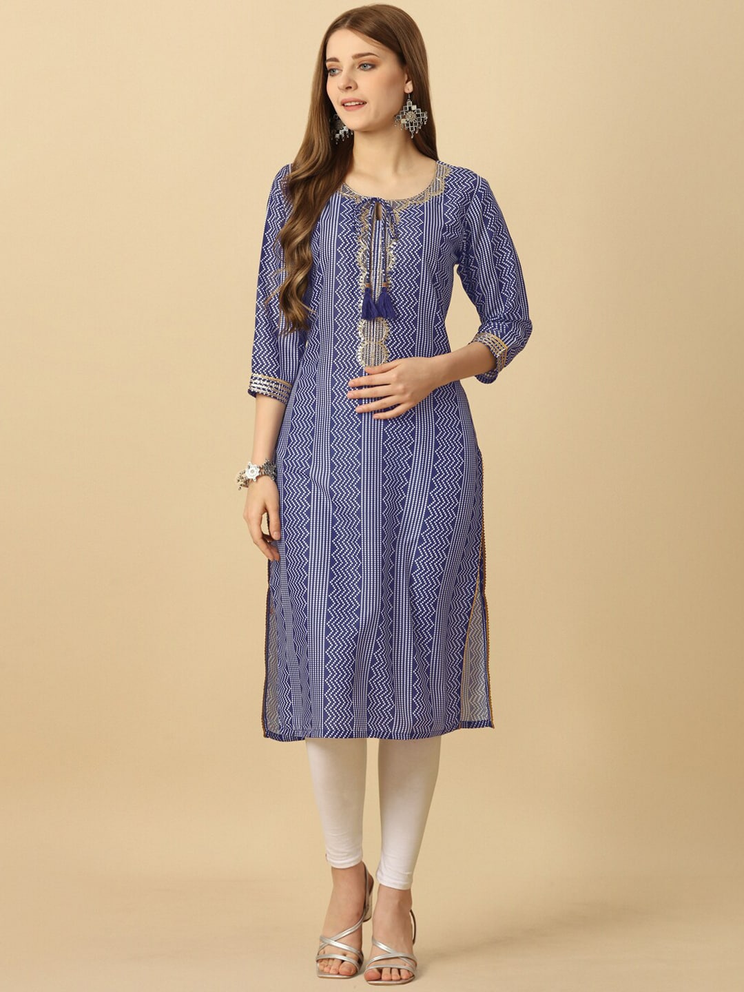 HERE&NOW Blue & White Tie-Up Neck Bandhani Printed Sequined Straight Kurta