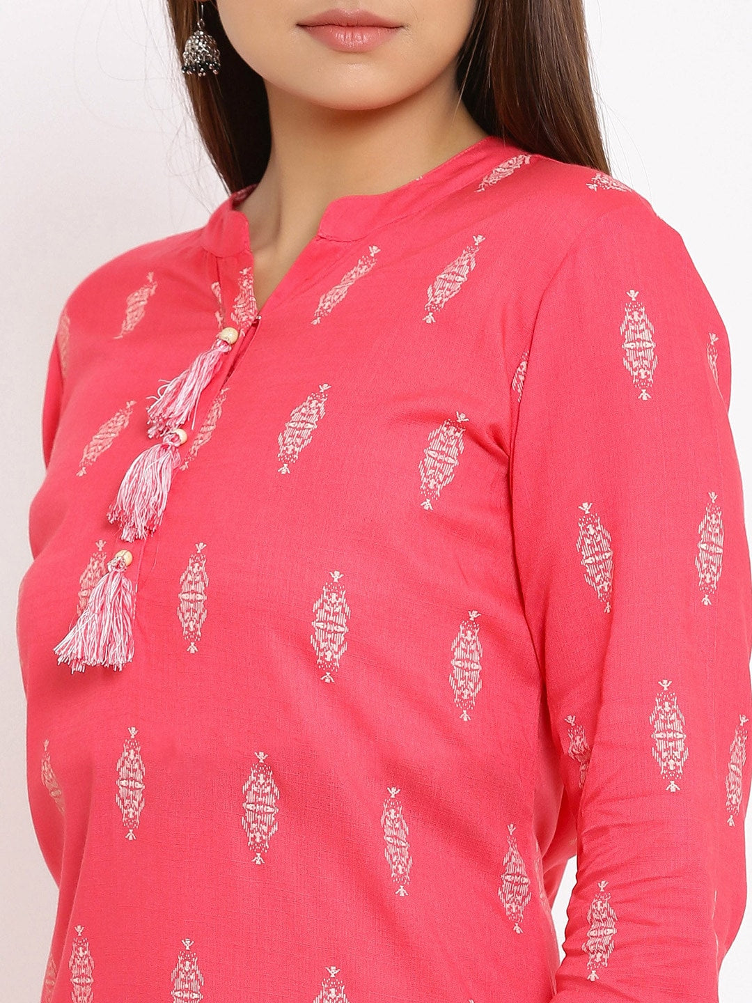 HERE&NOW Pink Mandarin Collar Ethnic Motifs Printed Pure Cotton Kurta