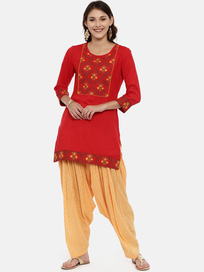 Souchii Women Red & Yellow Floral Yoke Design Kurta