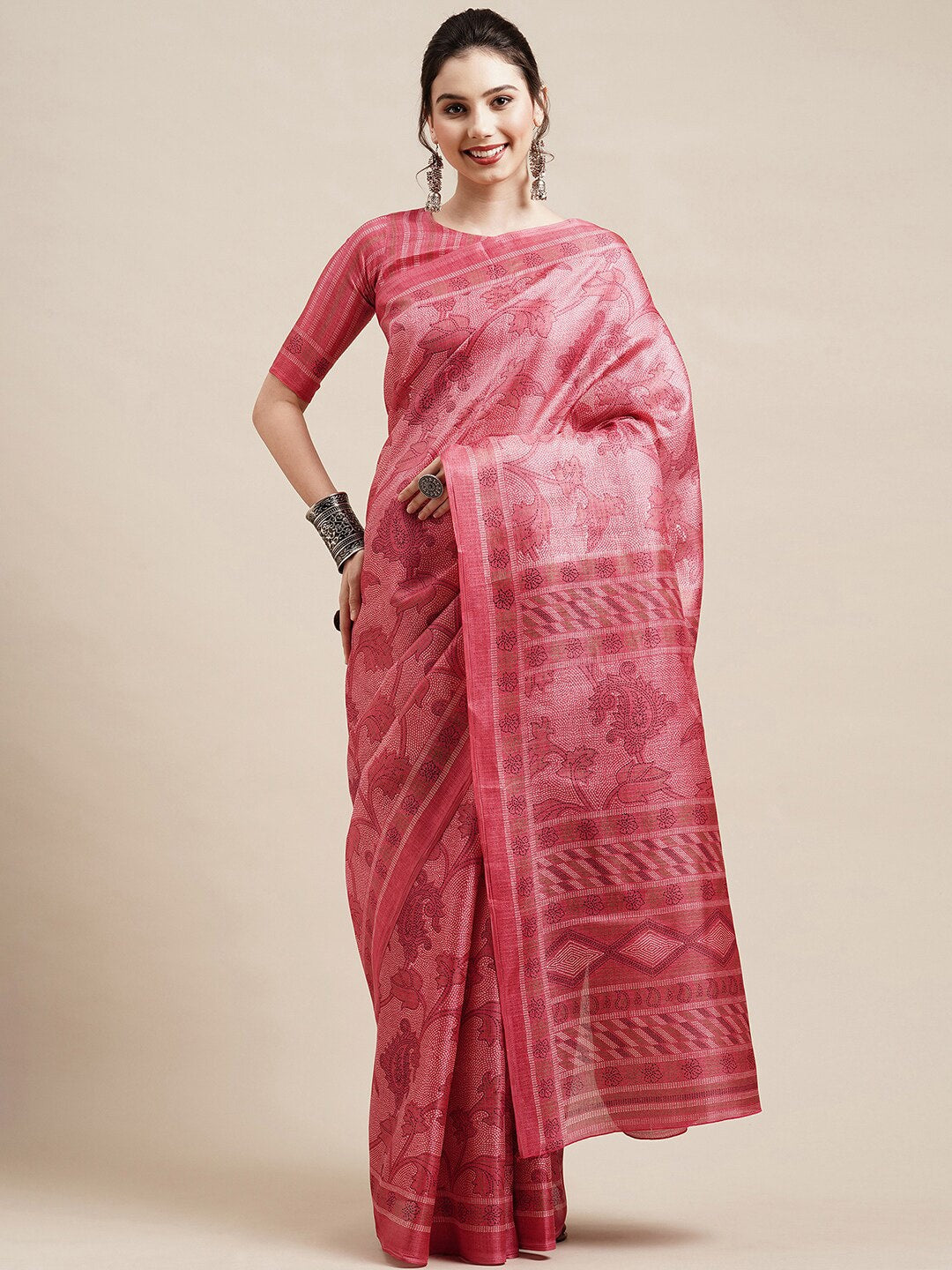 Saree Mall Peach-Coloured & White Floral Art Silk Sarees