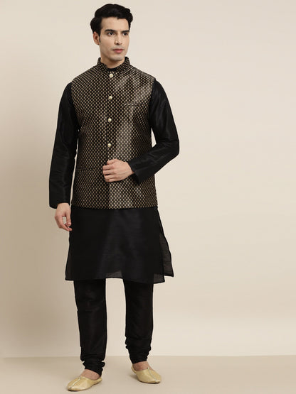Sojanya Men Black Solid Kurta with Churidar & Nehru Jacket