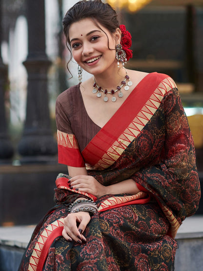 Saree Mall Floral Printed Linen Blend Block Print Sarees